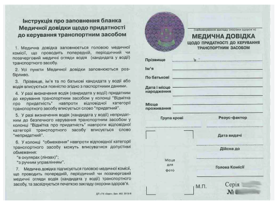 Бланк Медична довідка Ф.№083/о щодо придатності до керування транспортним засобом